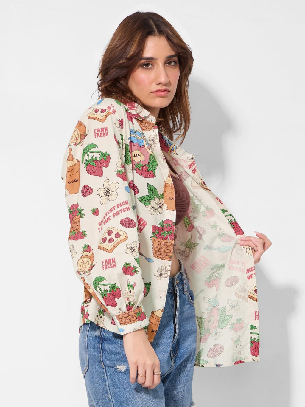 The Souled Store Cotton Linen: Strawberry Women and Girls Long Sleeves Collared Neck Button Front Off White All Over Printed Rel