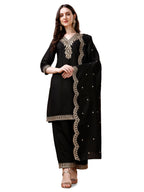 Pratham Blue Kurta Set for Women Silk Embroidered Straight Kurta Set for Women with Palazzos and Dupatta (PB-6063-XL_Black)