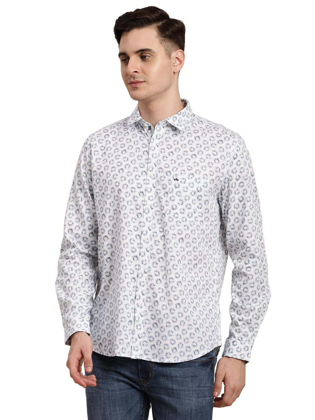 Turtle Men 100% Cotton White Printed Slim Fit Casual Shirt