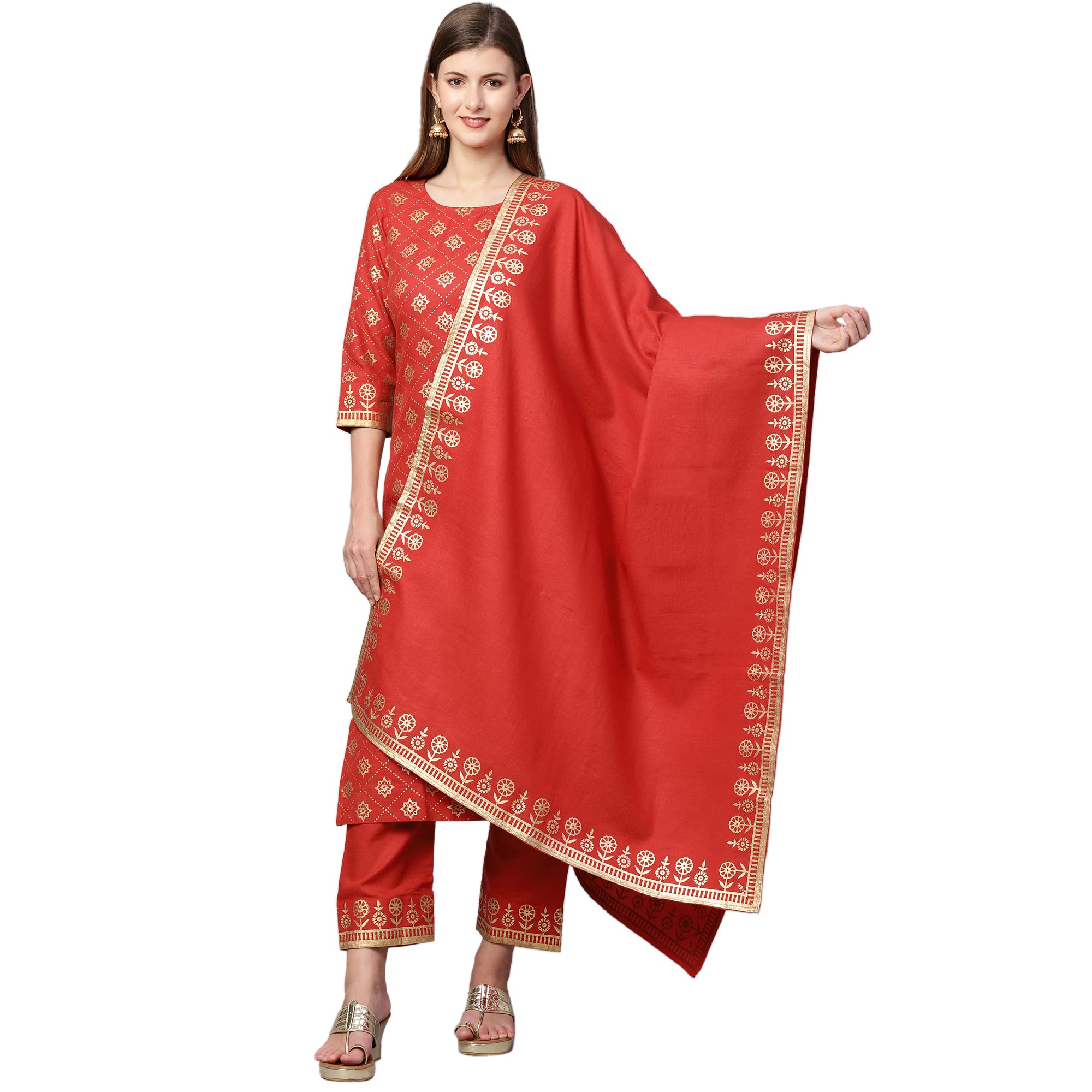 ANNI DESIGNER Women's Cotton Straight Kurta with Pant & Dupatta (KPTD-COT-10061-RED_M_Red_Medium)