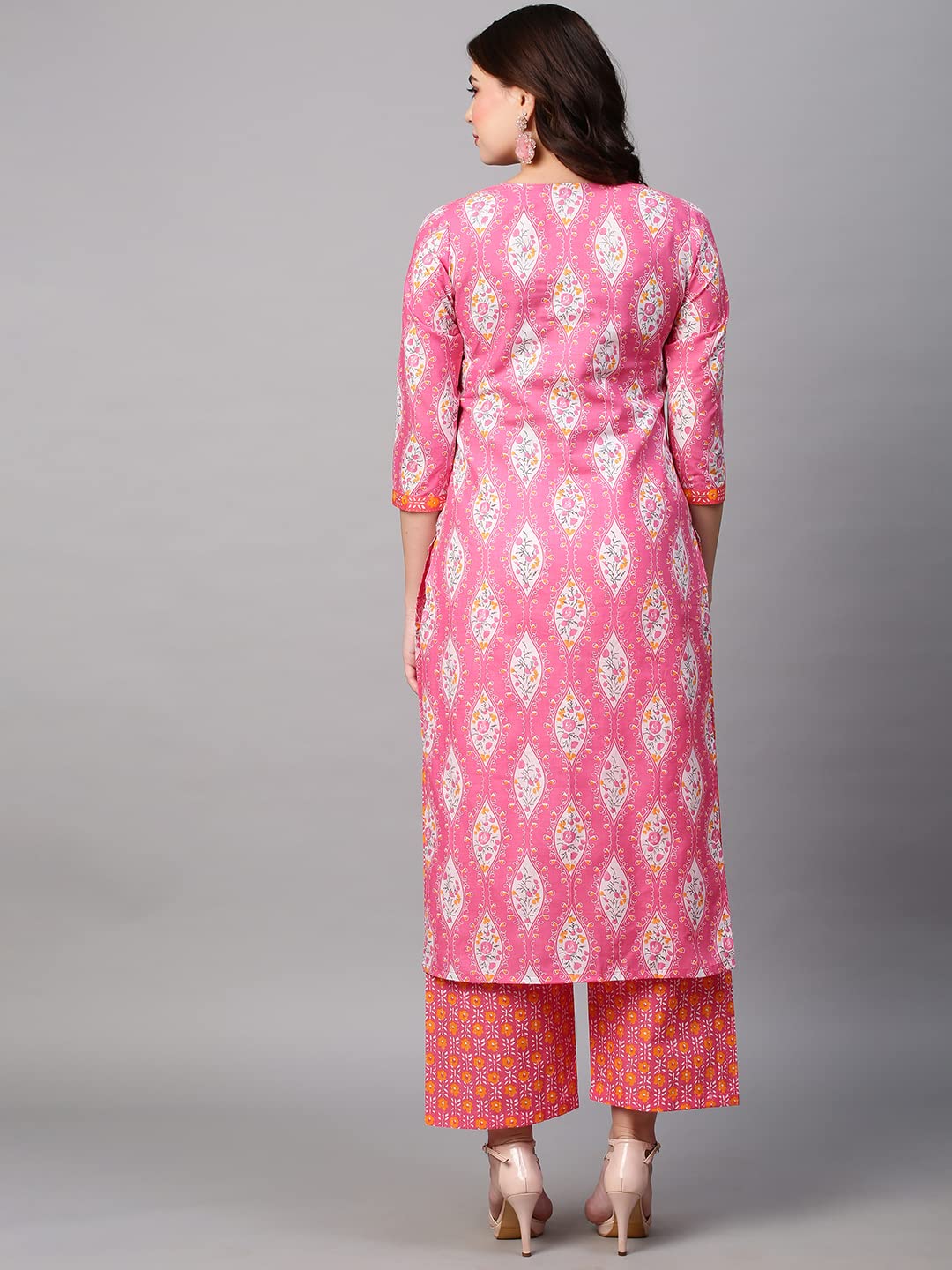 ANNI DESIGNER Womens Cotton Blend Traditional Straight Printed Kurta and Pant Set (Natak Pink_M_Pink_Medium)
