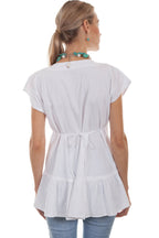 TIE BACK V-NECK BLOUSE W/RUFFLE BOTT