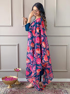 Naixa Womens Petrol Rayon Blend Embroidered and Printed Straight Kurta with Rayon Blend Pant and Organza Printed Dupatta Sets (