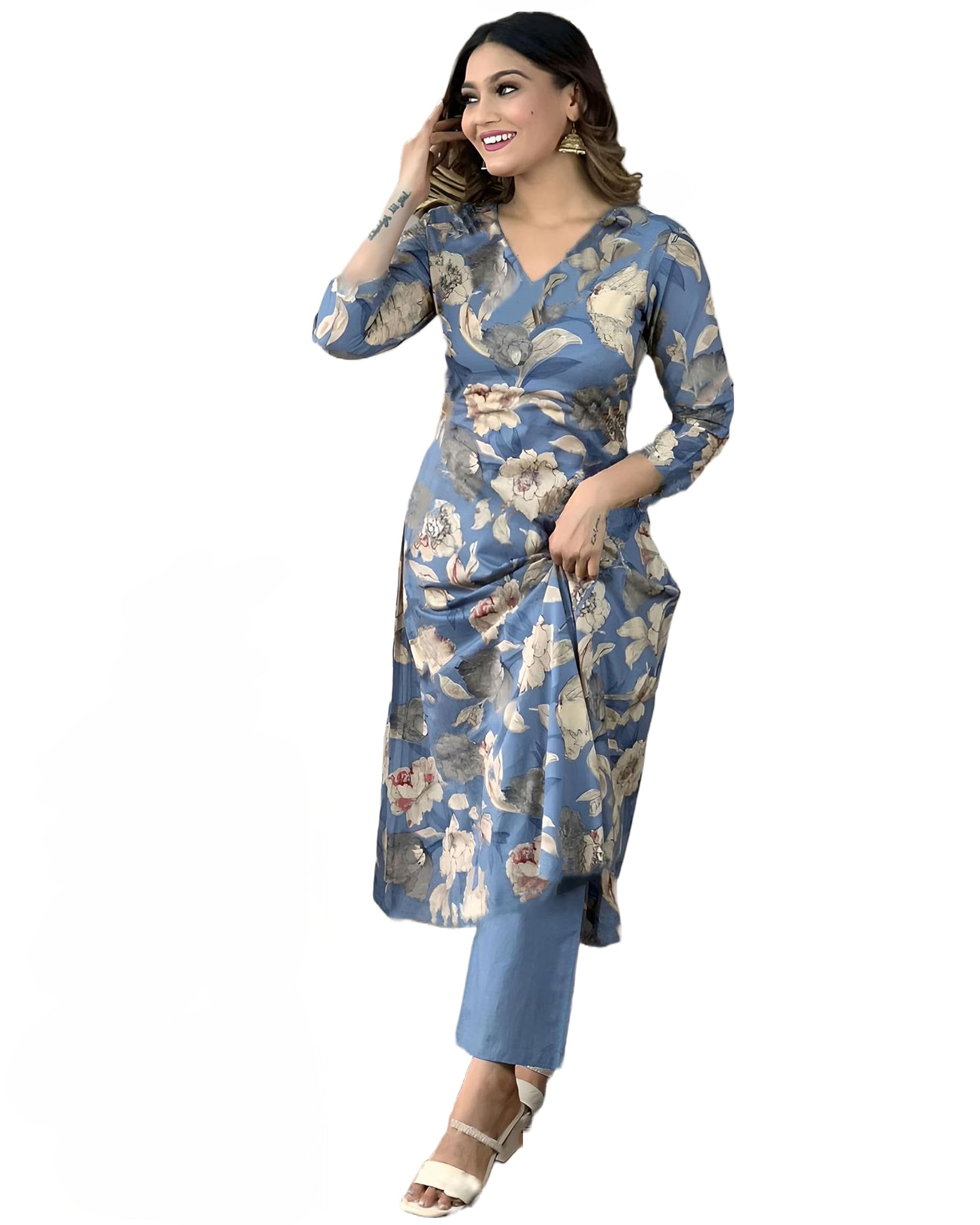 ANNI DESIGNER Women's Rayon Straight Printed Kurta with Pant Set (DHUN Blue_S_Blue_Small)
