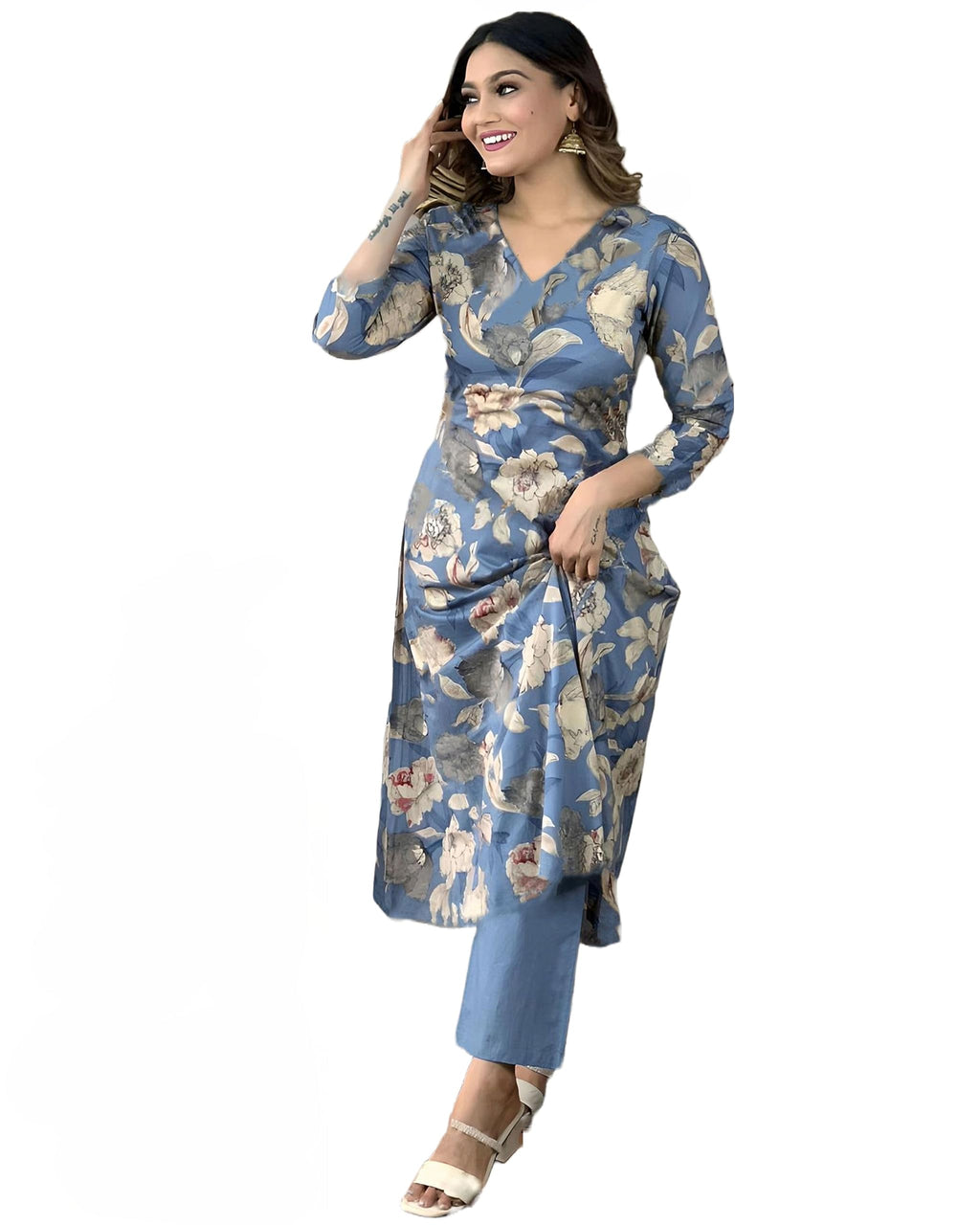 ANNI DESIGNER Womens Rayon Straight Printed Kurta with Pant Set (DHUN-Blue-NW_S_Blue_Small)