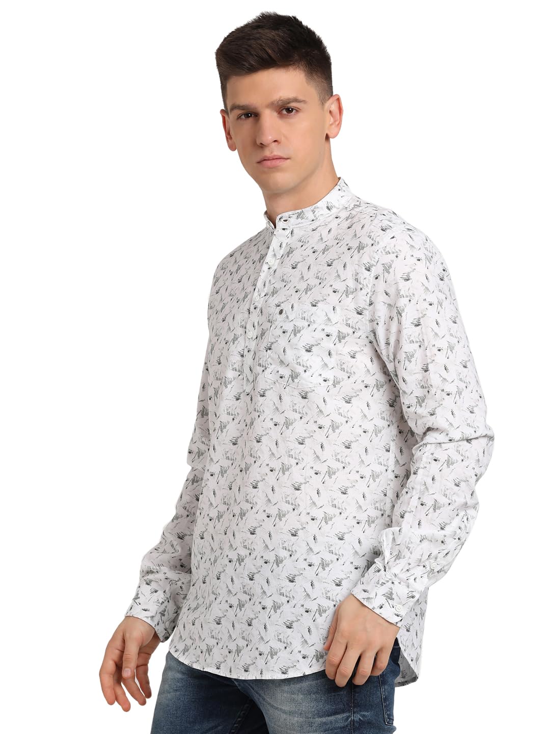 Turtle Men 100% Cotton Slim Fit Off White Printed Kurta Shirt
