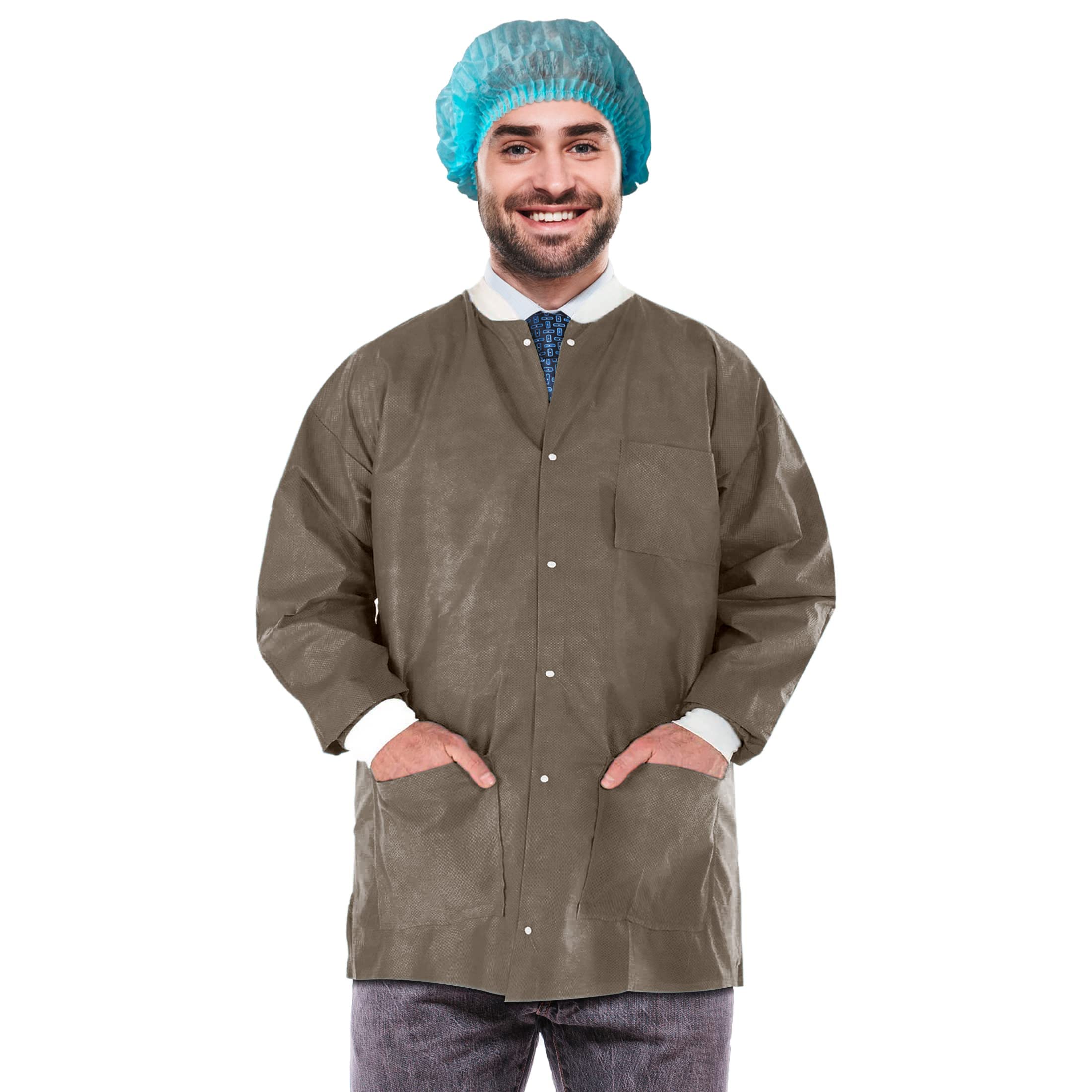 EZgOODZ Disposable Lab Jackets 33 Long Pack of 100 coffee Hip-Length Work gowns XX-Large SMS 50 gsm Shirts with Snaps Front Knit