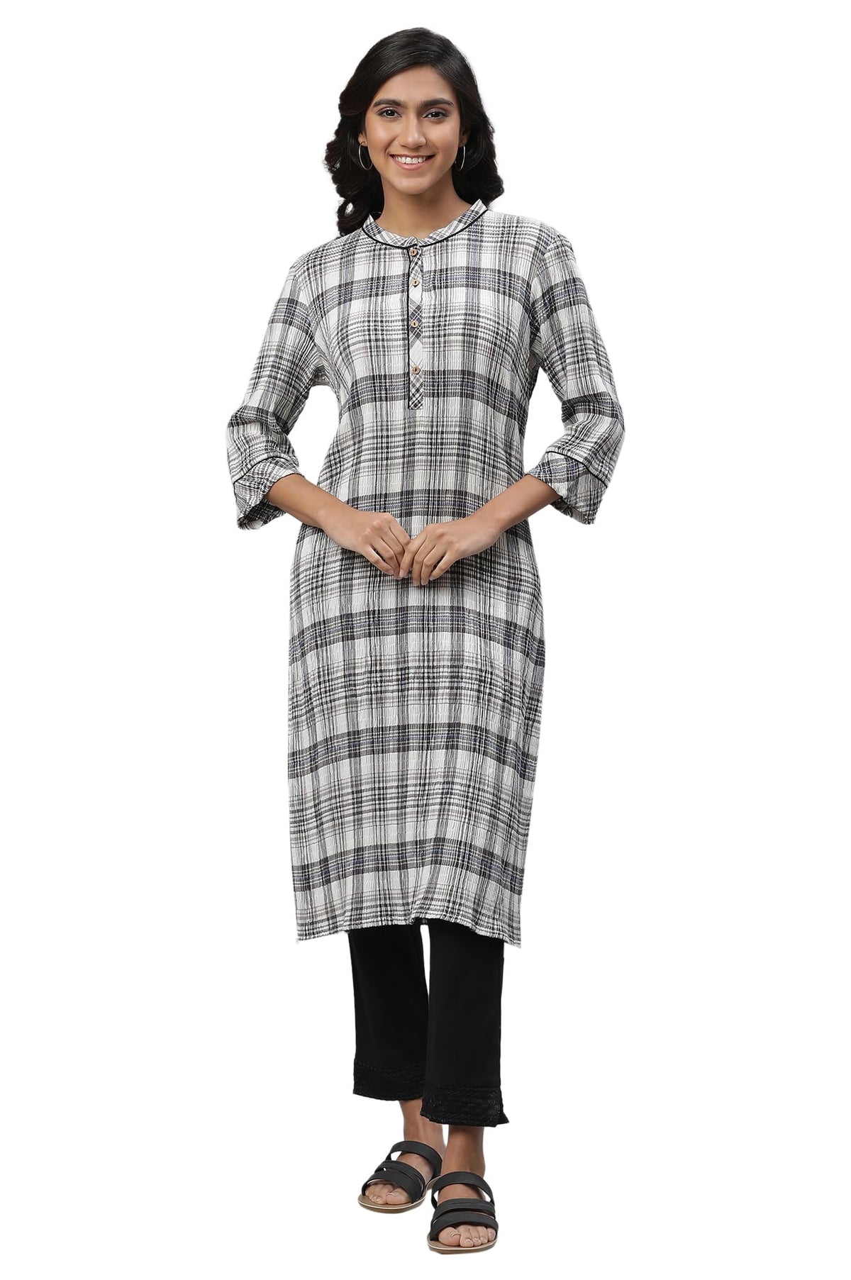 Aurelia Womens White Checks Yarn Dyed Lycra Straight Kurta_23AUA14305-704332_XS