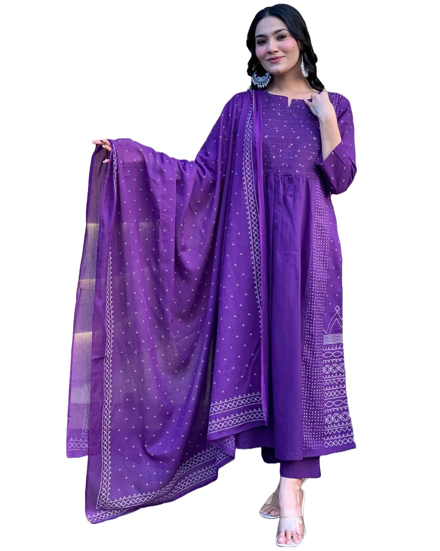 ANNI DESIGNER Womens Rayon Viscose Anarkali Printed Kurta with Pant & Dupatta (Hamlet Begani_S_Begani_Small)