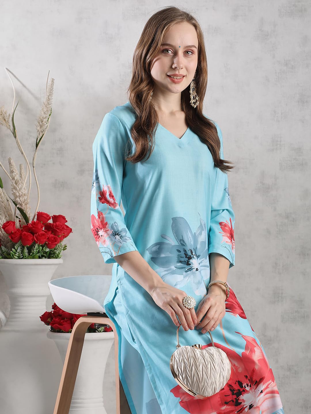ANNI DESIGNER Women s Printed Rayon Kurta with Pants, Sky blue, M