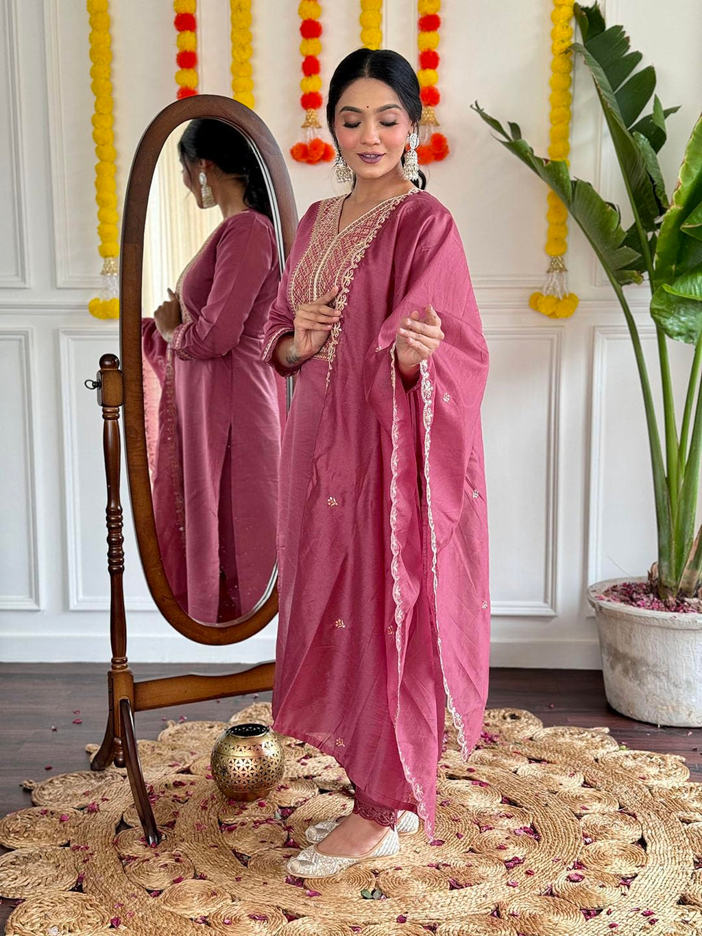 Naixa Womens Chanderi Viscose Embroidered Straight Kurta with Pant and Dupatta Sets