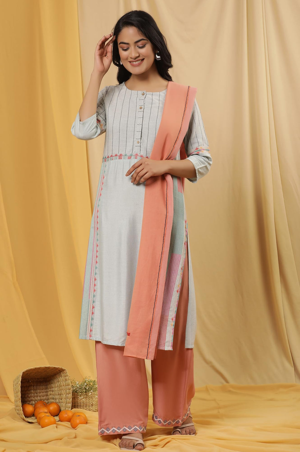 W For Woman W Women Blue Geometric Print Cotton Kurta Set With Parallel Pant & Dupatta
