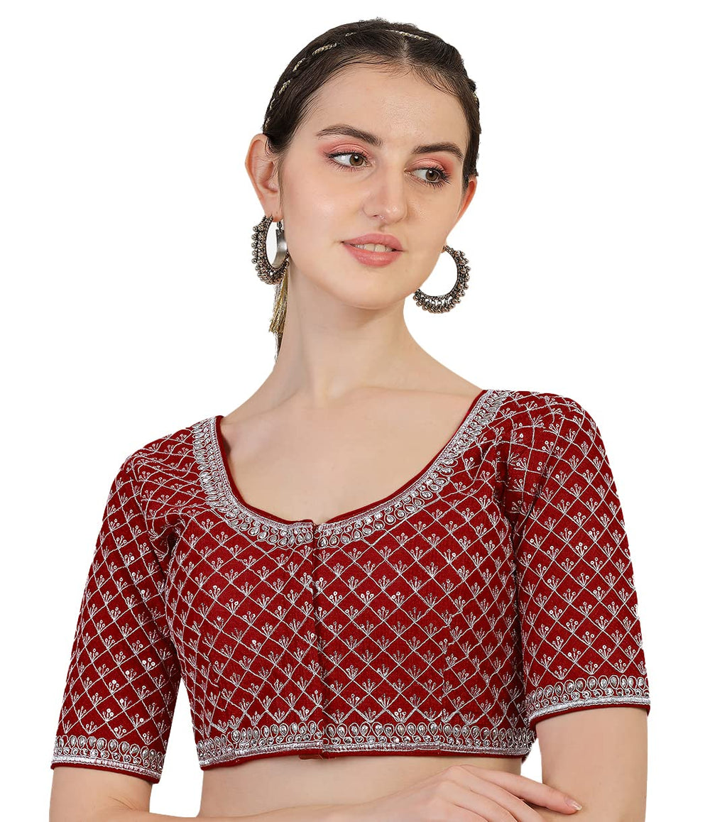 Pujia Mills Womens Heavy Silver Jari Thread Readymade Blouse for Saree Lehenga (Maroon, 38)