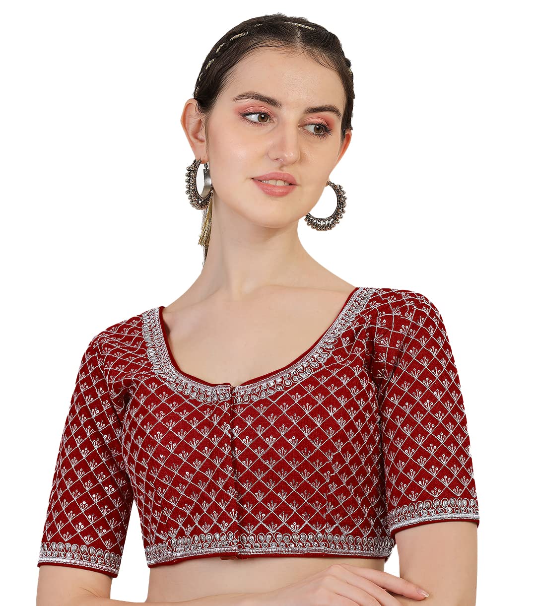 Pujia Mills Womens Heavy Silver Jari Thread Readymade Blouse for Saree Lehenga (Maroon, 38)