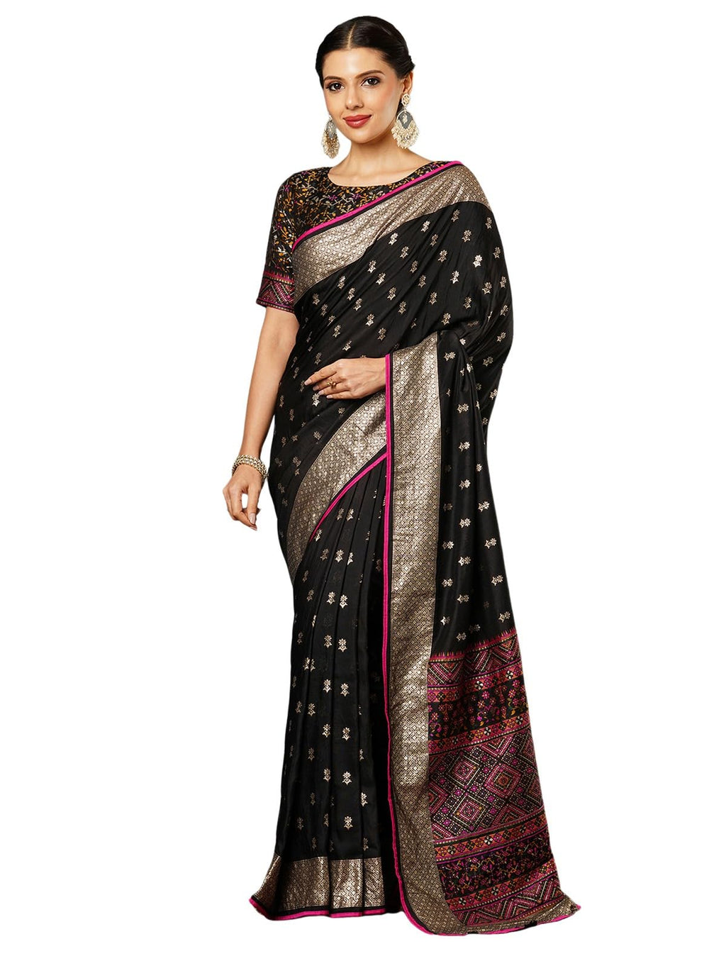 Satrani Womens Dola Silk Banarasi Jacquard Saree with Unstitched Blouse Piece (3894S121N_Black)