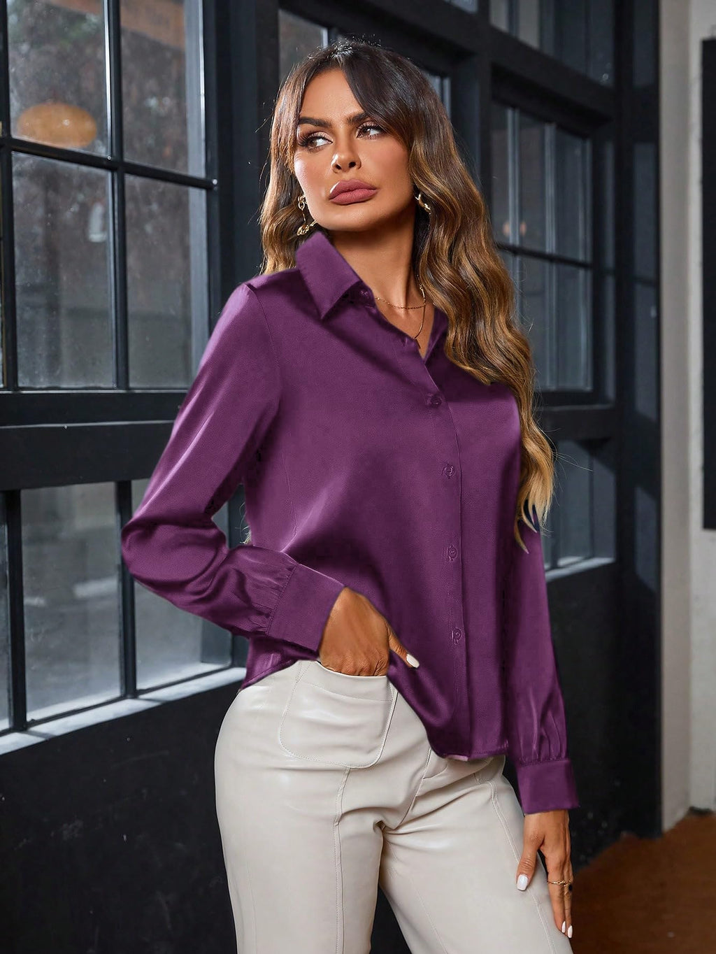 Indoprimo WomenS Solid Satin Casual Shirt | Stylish Western Long Sleeve Shirt For Women