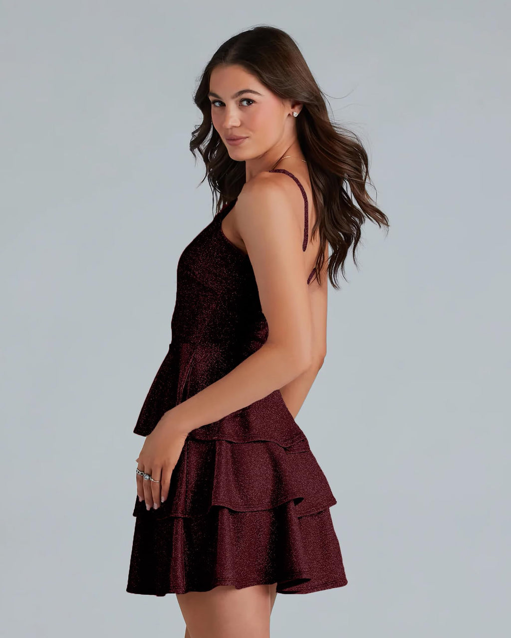 ADDYVERO V-Neck Shoulder Straps Sleeve Glam Glitter Ruffled Tiered Fit Above Knee Length Women Solid Fit and Flare Dress (Maroon