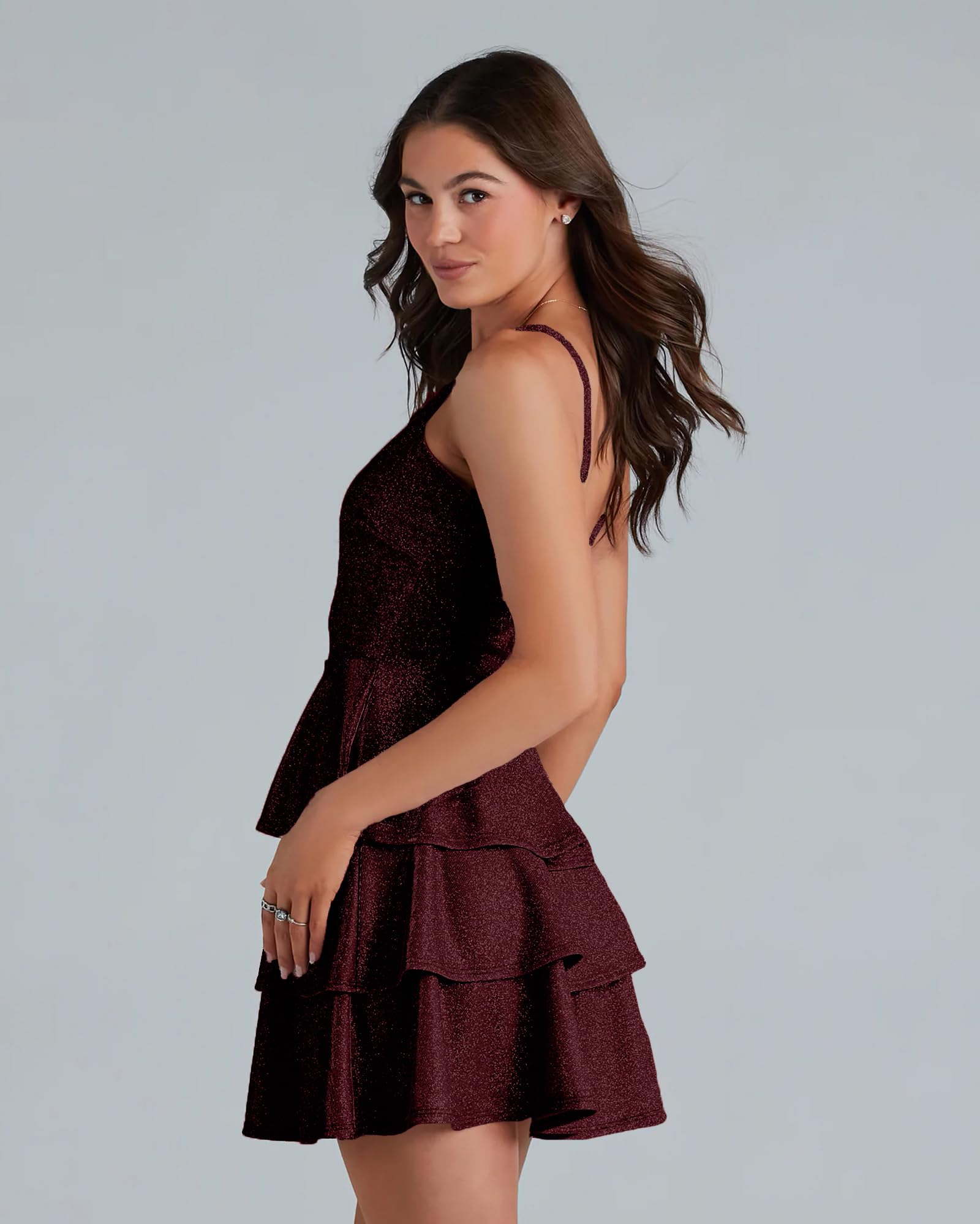 ADDYVERO V-Neck Shoulder Straps Sleeve Glam Glitter Ruffled Tiered Fit Above Knee Length Women Solid Fit and Flare Dress (Maroon