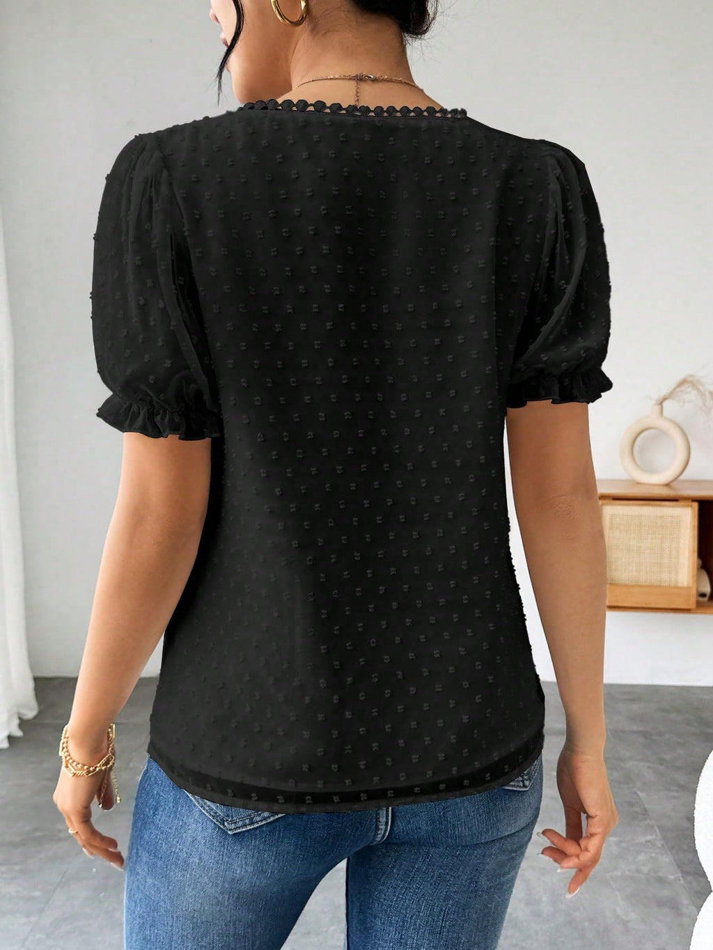 Shasmi Womens Elegant French Textured Fabric Solid Black Color Lace Panel V-Neck Jacquard Blouse,Short Puff Sleeve Tops Simple