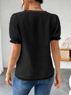 Shasmi Womens Elegant French Textured Fabric Solid Black Color Lace Panel V-Neck Jacquard Blouse,Short Puff Sleeve Tops Simple