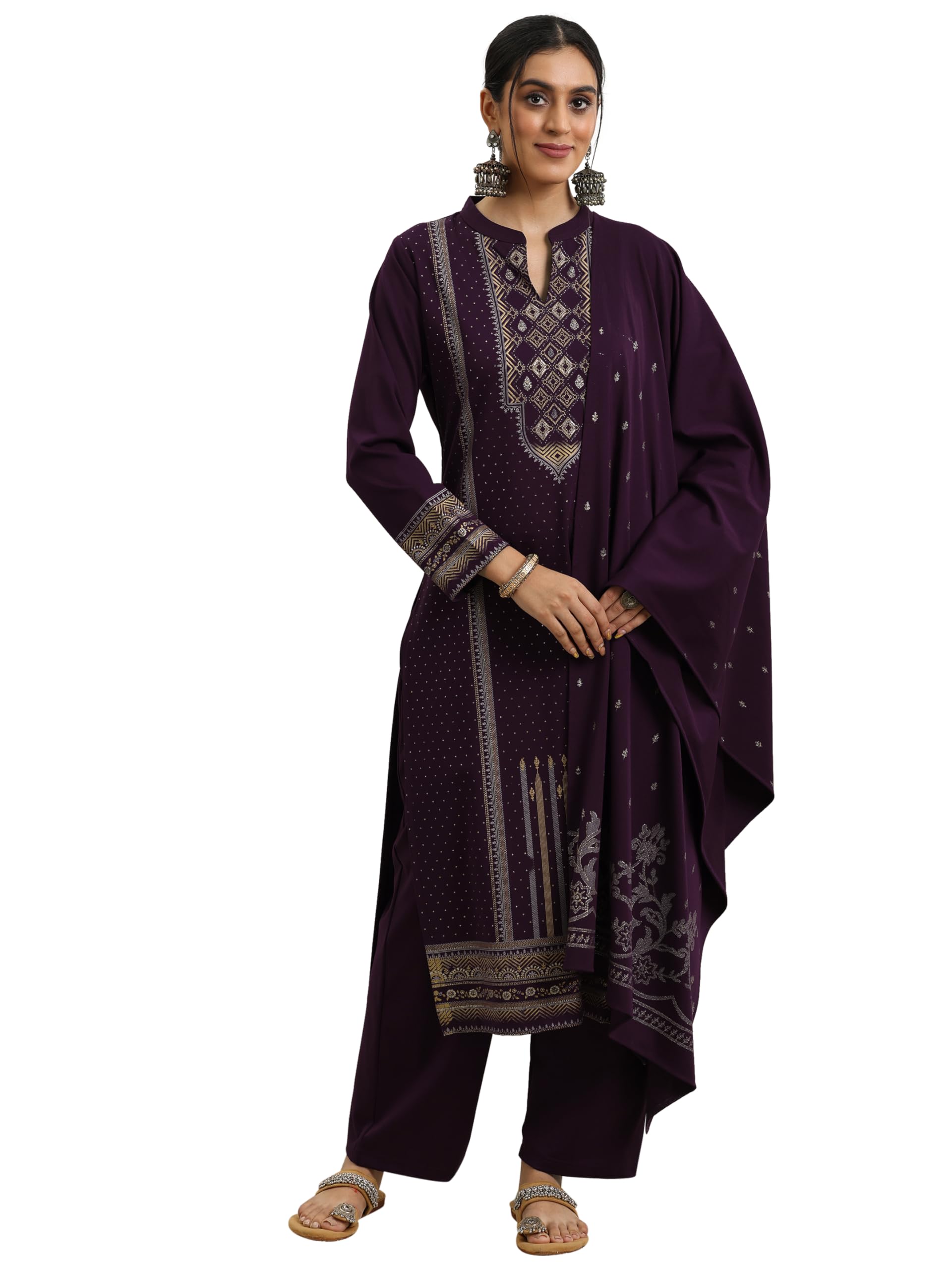 Libas Womens Woven Design Wool Straight Kurta With Trousers And Dupatta