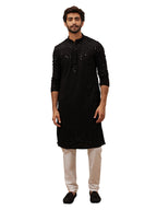 Manyavar Kurta Set for Men, Full Sleeves Mandarin Collar Ethnic Kurta & Payjama Set Art Silk Viscose Set (Black, L)