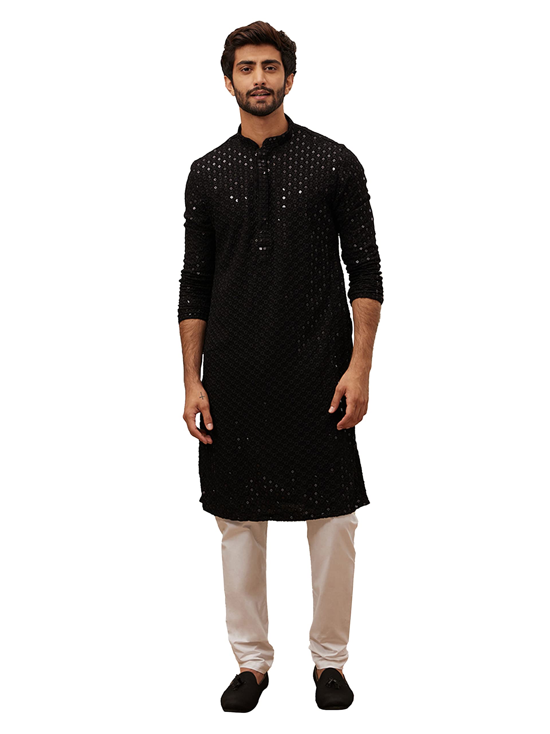 Manyavar Kurta Set for Men, Full Sleeves Mandarin Collar Ethnic Kurta & Payjama Set Art Silk Viscose Set (Black, L)