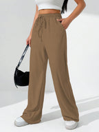 Sugathari Womens Brown Loose Wide-Leg Pants with Textured Wrinkled Fabric and Drawstring Waist Long Trousers (Trouser 157 Brown