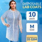 Pack of 10 White Lab coats Unisex Medium Size Disposable Polypropylene Lab coats Disposable Lab coats for Men and Women Hook and
