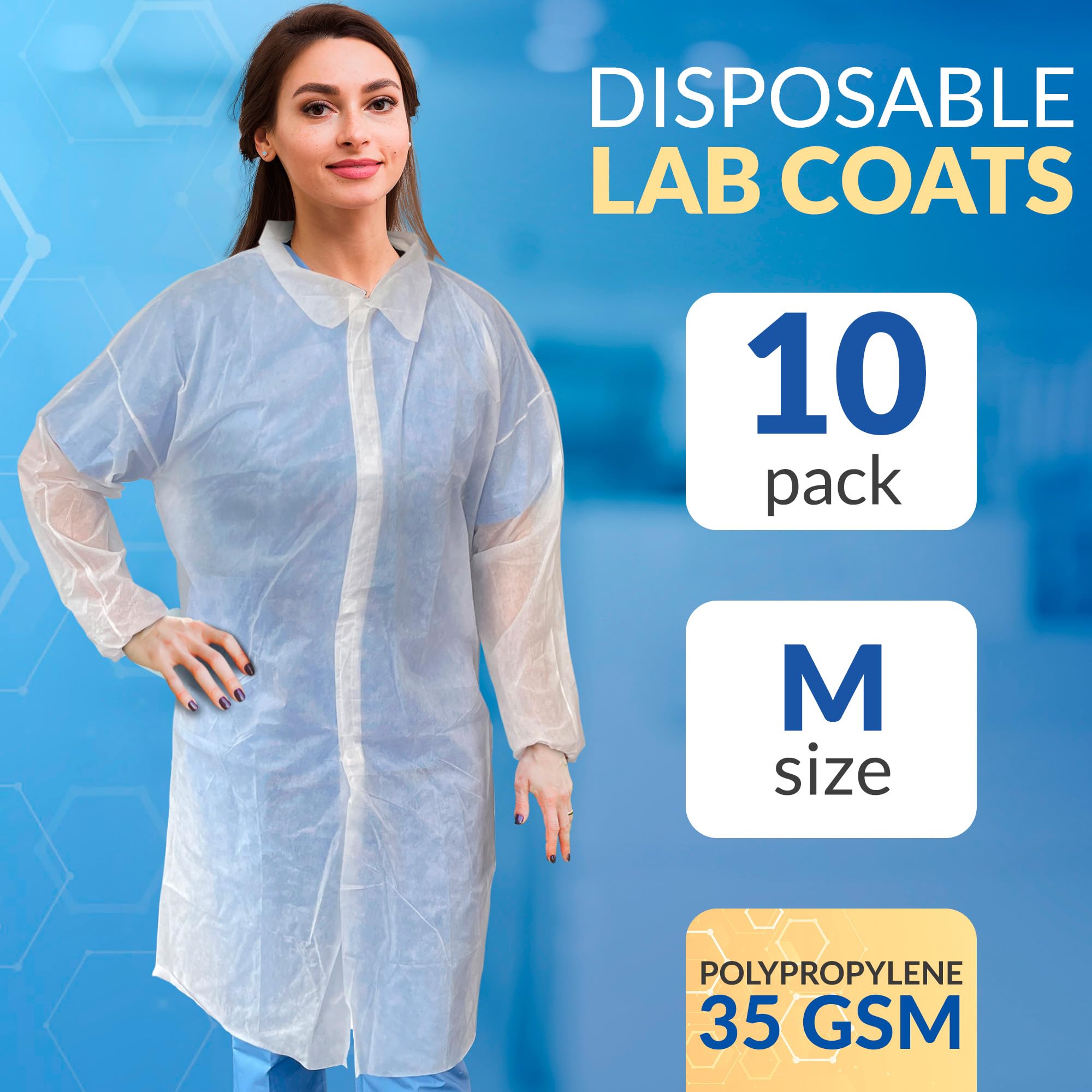 Pack of 10 White Lab coats Unisex Medium Size Disposable Polypropylene Lab coats Disposable Lab coats for Men and Women Hook and