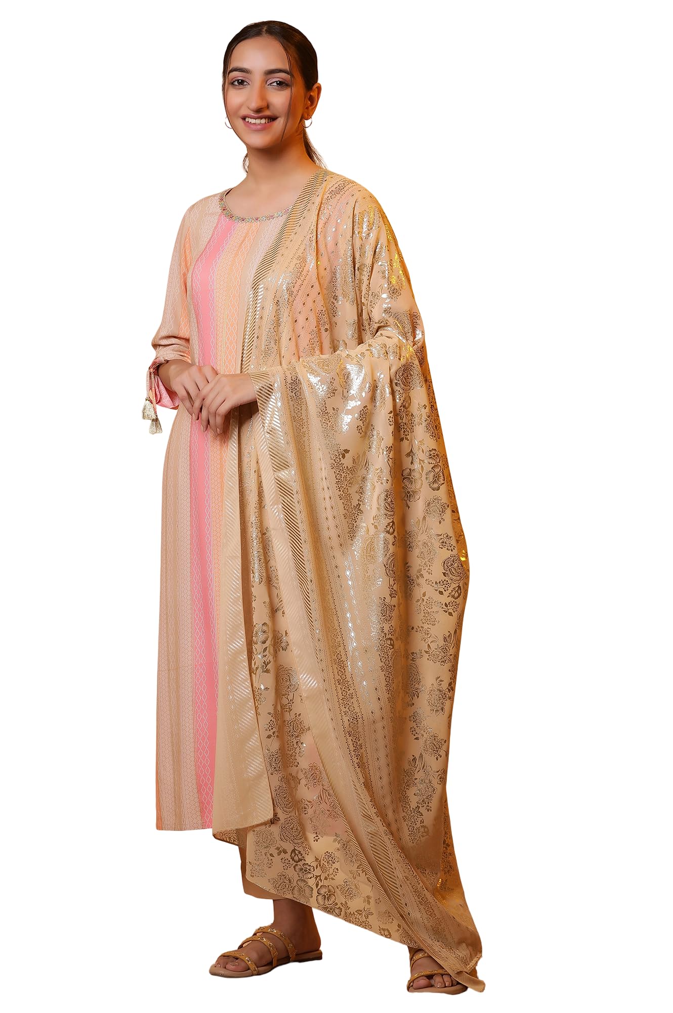 Aurelia WomenS Gold Floral Printed Dupatta (Size: Free Size)-A80002-508195