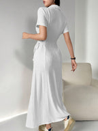 Shasmi Womens White Solid Color Applique Lace-Up Collared Short Sleeve, Side-Tie Waist Long Casual Maxi Women Dress Outfit Long