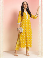 ANNI DESIGNER Women s Straight Printed Viscose Kurta with Trousers, Yellow, 44