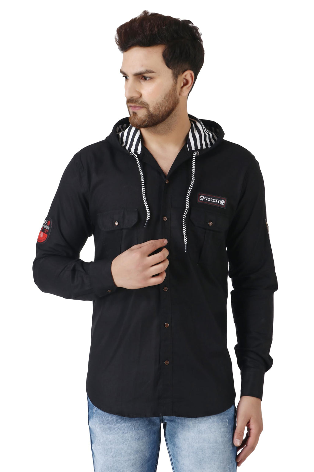 Besix MenS Black Tailored Fit Cotton Blend Shirt For Man With Hoodie - Casual Long Sleeve Shirt With Pockets - Patch Detail For