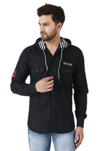 Besix MenS Black Tailored Fit Cotton Blend Shirt For Man With Hoodie - Casual Long Sleeve Shirt With Pockets - Patch Detail For