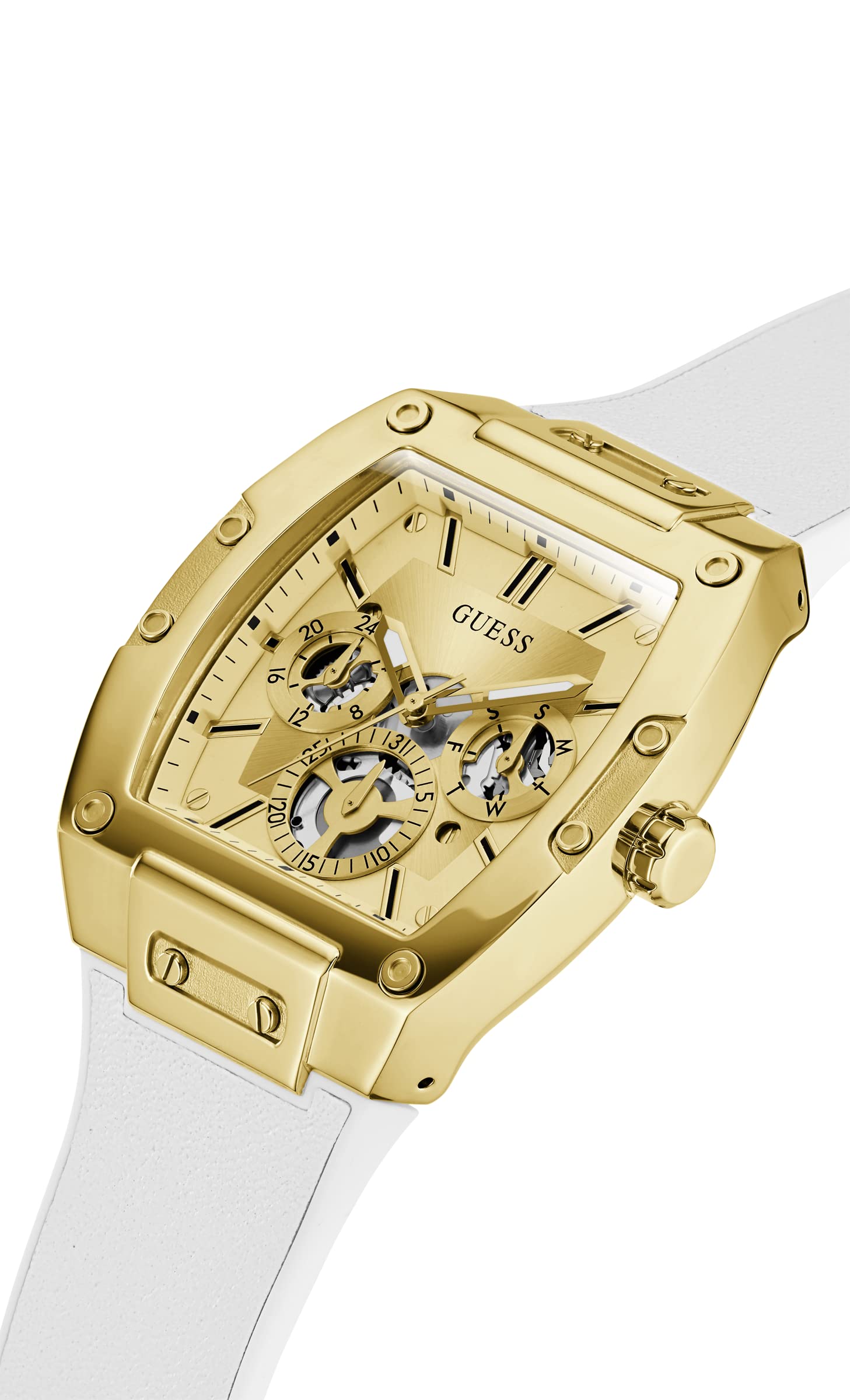 GUESS Men's Trend Multifunction Tonneau 43mm Watch - Gold-Tone Dial & Stainless Steel Case with White Silicone Strap