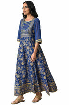 Aurelia Blue Foil Cotton Regular Kurta With Zari Embroidery