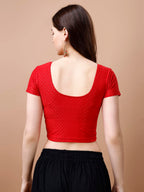 Pujia Mills WomenS Readymade Dobby Cotton Lycra Stretchable Round Neck Short Sleeve Blouse Fancy Red Color Lycra Stretchable Bl