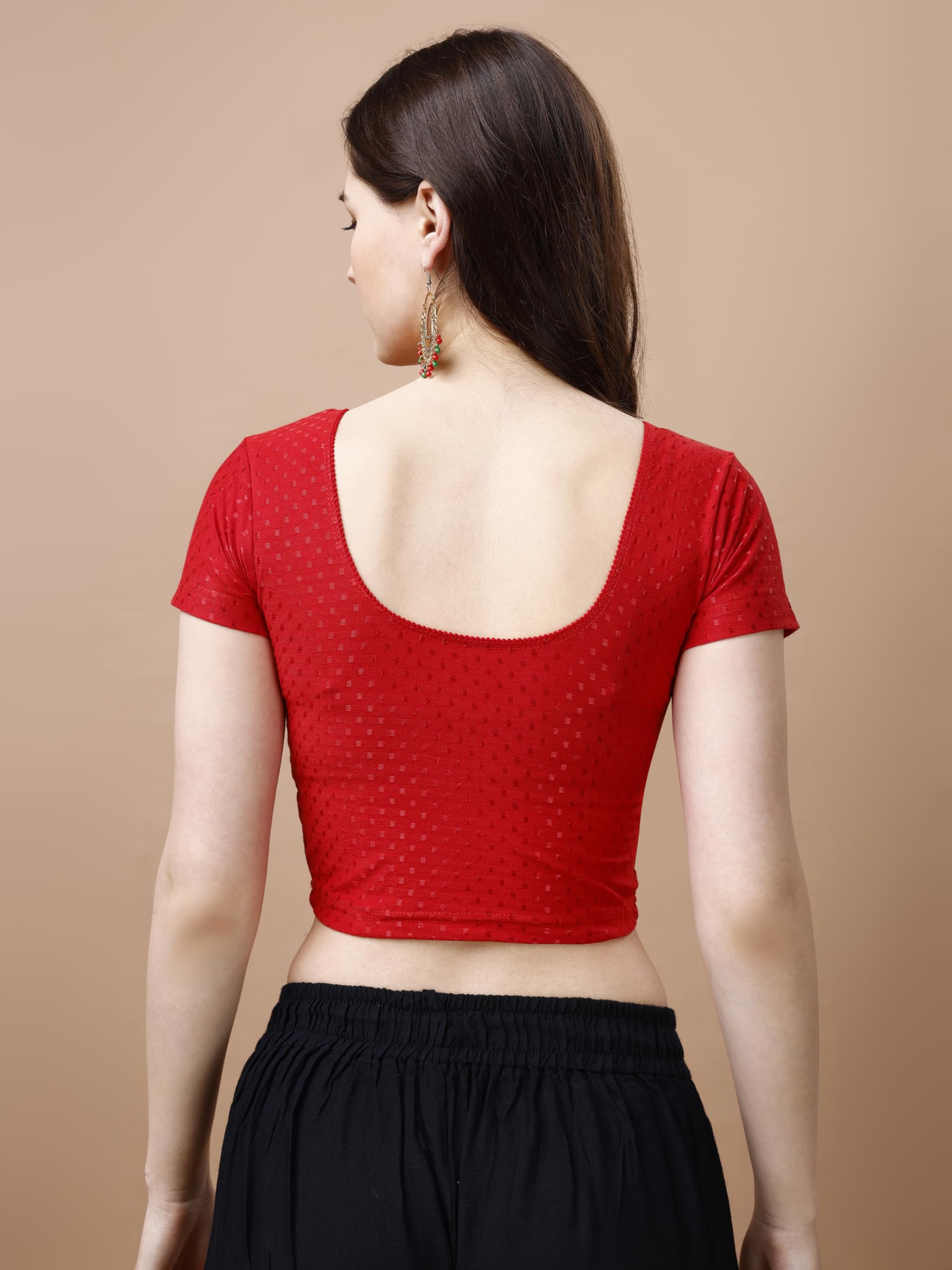 Pujia Mills WomenS Readymade Dobby Cotton Lycra Stretchable Round Neck Short Sleeve Blouse Fancy Red Color Lycra Stretchable Bl