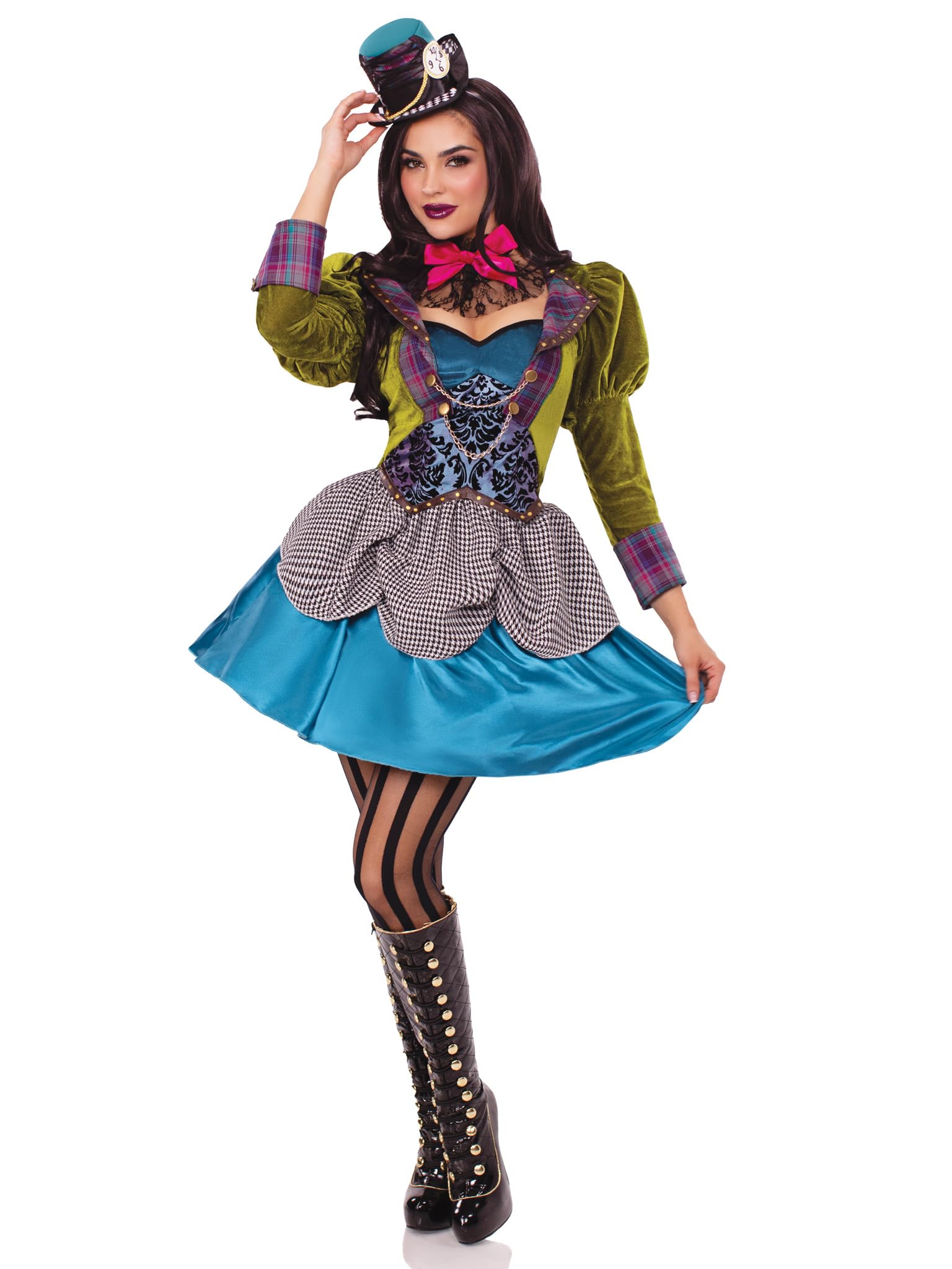 Leg Avenue 3 Piece Deluxe Mad Hatter Set-Sexy Velvet Coat Dress and Mini Top Hat Halloween Costume for Women, Multi, Medium