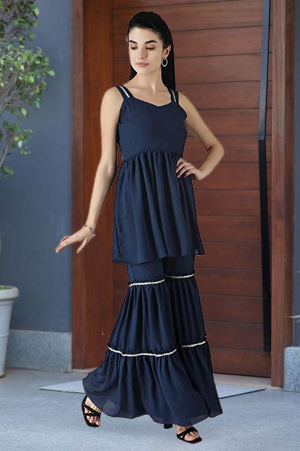 Popwings Casual Navy Blue Georget Garara Set For Women