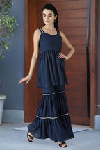 Popwings Casual Navy Blue Georget Garara Set For Women