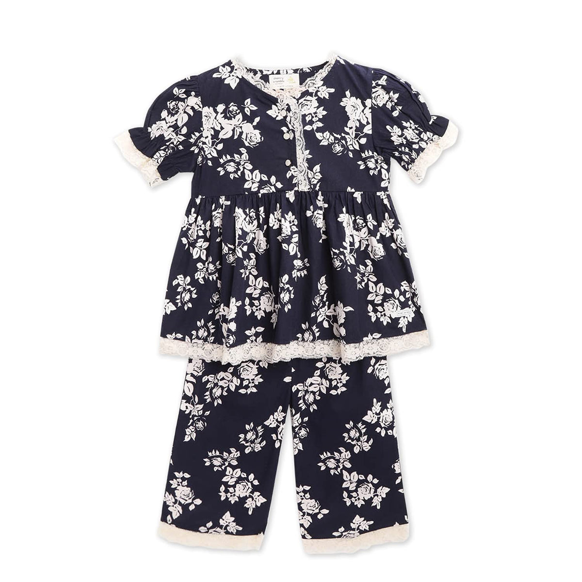 Cherry Crumble Navy Blue White Floral Printed 100% Cotton Half Sleeves V Neck Night Wear Regular Fit Lace Summer Nightsuit for G 18-24