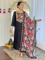 Naixa WomenS Black Chanderi Viscose Embroidered Straight Kurta With Chanderi Viscose Pant And Silk Printed Dupatta Sets (Nx-M-N