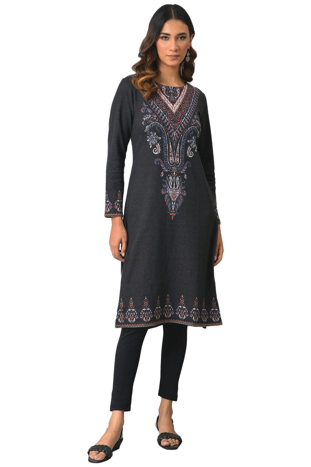 W For Woman Polyester Black Printed Round Neck Straight Winter Kurta_22Now18509-312490_M