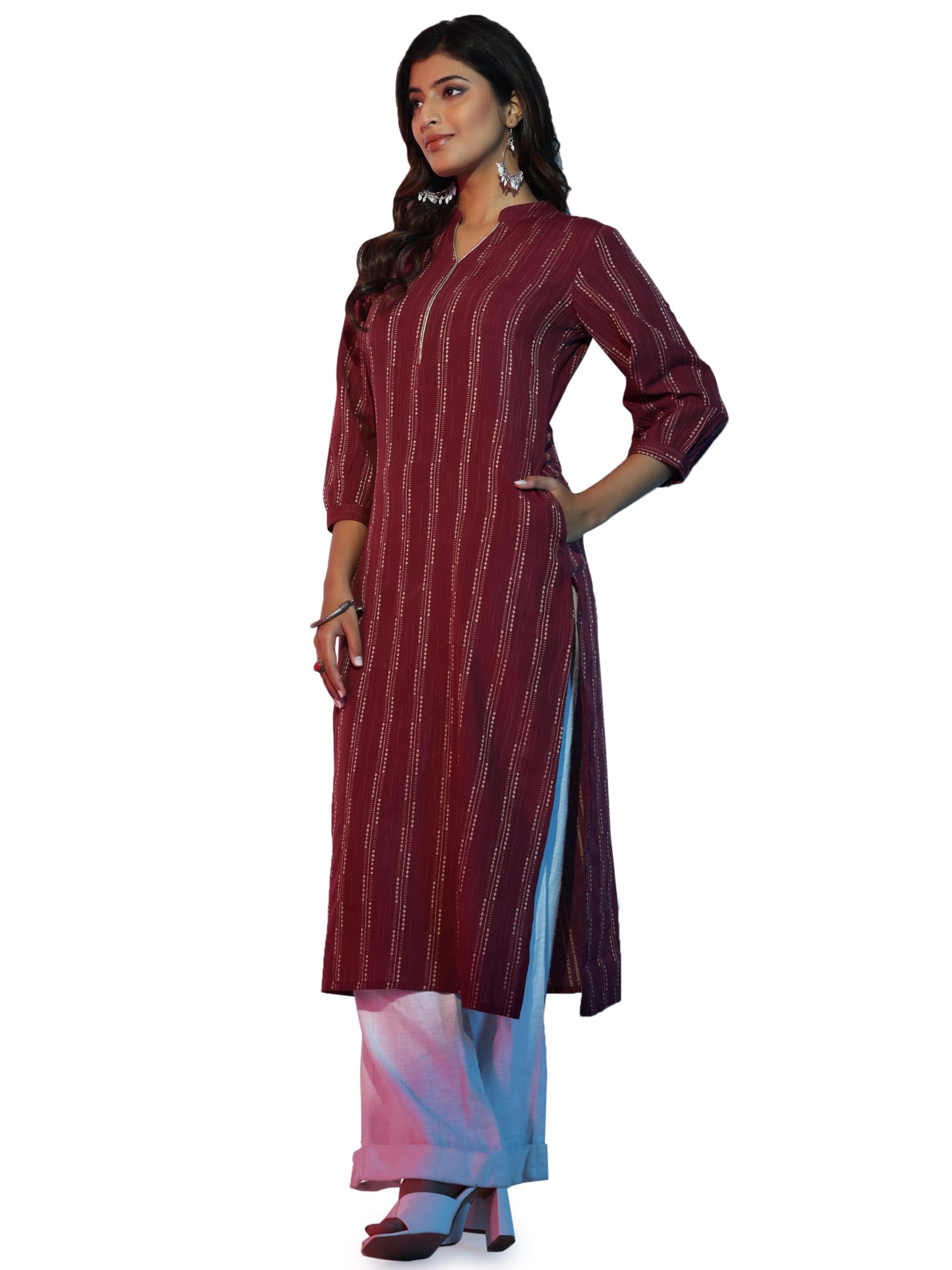 Libas WomenS Cotton Ethnic Motifs Straight Fit Kurta (37255_Maroon