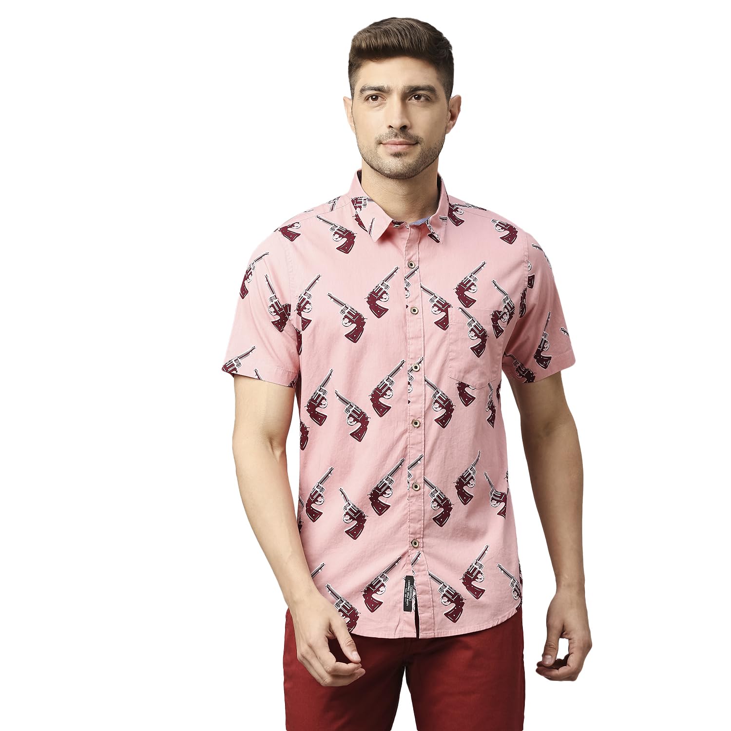 Thomas Scott Mens Printed Slim Fit 100% Cotton Casual Shirt with Spread Collar and Half Sleeve