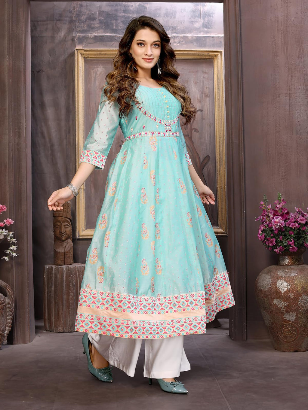 Rangita Turquoise Chanderi Anarkali Embroidered Calf Length Kurti | Kurta For Women
