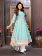 Rangita Turquoise Chanderi Anarkali Embroidered Calf Length Kurti | Kurta For Women