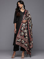 Varanga Women Solid Black V Neck Straight Kurta Set With Printed Dupatta